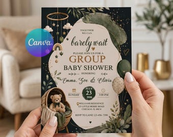 Group Baby Shower Invitation, Brown Bear Balloon Boho Template (Digital Download)