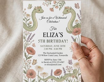 Floral Snake Birthday Invitation, Whimsical Garden Party Invite (Canva Template)