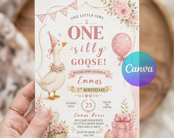 Silly Goose 1st Birthday Invitation, Pink Gingham Floral Template (Digital Download)