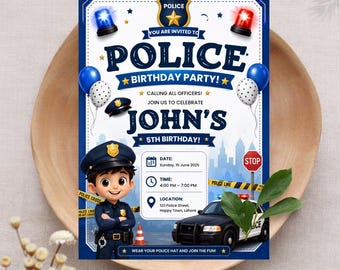 Police Birthday Invitation, Editable Canva Template, Kids Party Invite (Digital Download)