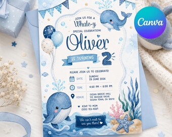 Whale Birthday Invitation, Editable Ocean Party Invite, Under Sea Canva Template (5x7 Inch)