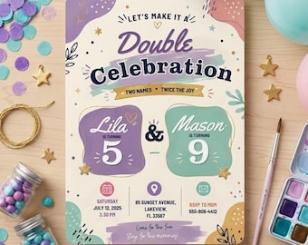 Double Birthday Invitation Canva Template, Joint Siblings Party Invite (Digital Download)