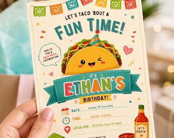 Taco Birthday Invitation, Fiesta Theme, Editable Canva Template (Digital Download)