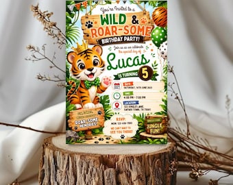 Tiger Jungle Safari Birthday Invitation, Editable Canva Template (Digital Download)