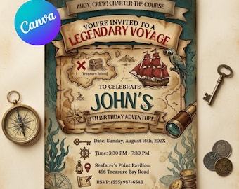 Pirate Birthday Invitation, Ahoy Matey Treasure Hunt Party Template (Digital Download)