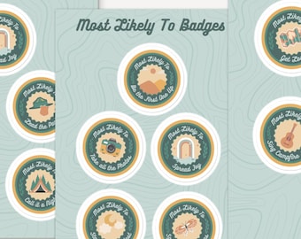Pegatinas de insignias al mérito para acampar al aire libre, recuerdos de fiesta para despedidas de soltera o cumpleaños, juegos de baby shower de aventura en la montaña.