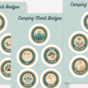 May include: Three sets of colourful camping merit badges with illustrations of camp activities. The badges are round and have a green background with a white border. The text on the badges includes "Camping Merit Badges", "Storyteller", "Trailblazer", "Ranger in Training", "Camp Cook", "Happy Camper", "Nature Doctor", "Shutterbug", "Campfire Guitar", "Beautiful Grounds", "Night Owl", "Social Butterfly", "Fire Hugger", "Brave", "Mountain Magic".