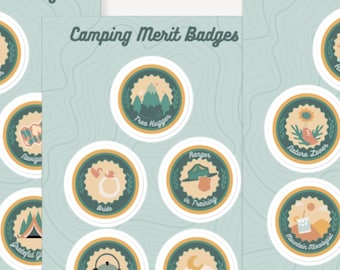 Pegatinas de insignias al mérito para acampar al aire libre / Recuerdos de fiesta para despedidas de soltera o cumpleaños al aire libre / Juegos de baby shower de aventura en la montaña
