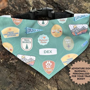 Personalized Dog Bandana Clip-On, Custom Pet Name Collar with Merit Badge Style Patches, National Park Gift for Adventure Dog Hikers