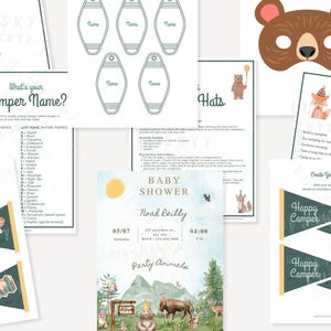 Op de afbeelding: Een verzameling printbare partyspellen en decoraties met een campingthema. Inclusief een berenmasker, wimpelbanners, een uitnodiging voor een babyshower en spelbladen met tekst als "Happy Camper".