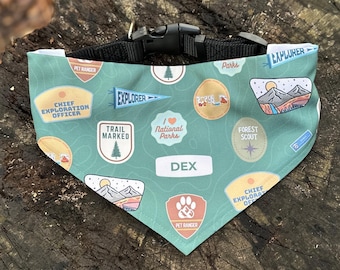 Personalized Dog Bandana Clip-On, Custom Pet Name Collar with Merit Badge Style Patches, Nature Lover Gift for Adventure Dog Hikers