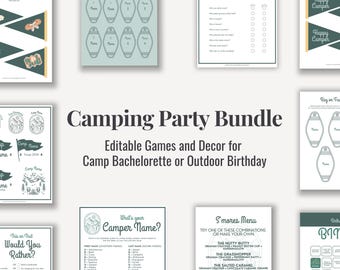 Camping Party Bundle | Editable Games and Decor for Camp Bachelorette or Outdoor Birthday | Mountain Cabin Adventure Banner | Camper Name