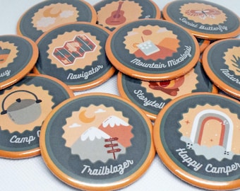Camping Outdoor Merit Badge Pin-Back Buttons | Party Favors for Camp Bachelorette or Outdoor Birthday | Mountain Adventure Baby Shower