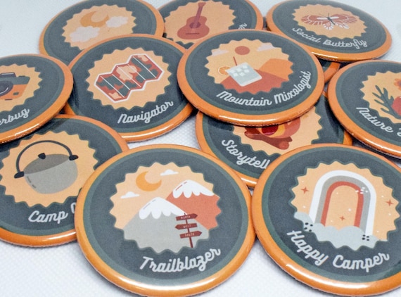 Camping Outdoor Merit Badge Pin-Back Buttons | Party Favors for Camp Bachelorette or Outdoor Birthday | Mountain Adventure Baby Shower