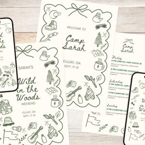 Invitation et itinéraire camp EVJF, week-end de fête dans une cabine de mariée en plein air personnalisé, douche nuptiale Bach en camping, anniversaire dans la forêt pour enfants