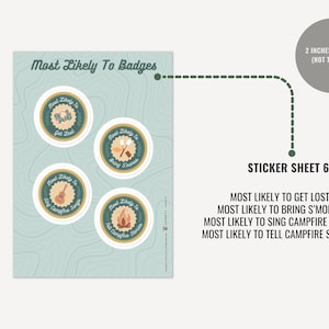 May include: A sticker sheet titled Most Likely To Badges featuring four circular stickers with a 2-inch diameter. Each sticker displays a camping-themed icon and text: Most Likely To Get Lost, Most Likely To Bring S'mores, Most Likely To Sing Campfire Songs, and Most Likely To Tell Campfire Stories.