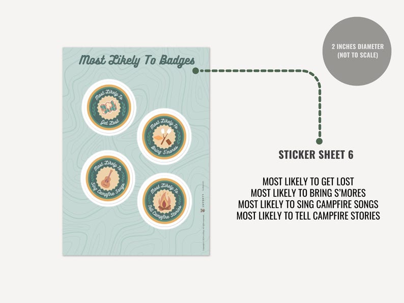May include: A sticker sheet titled Most Likely To Badges featuring four circular stickers with a 2-inch diameter. Each sticker displays a camping-themed icon and text: Most Likely To Get Lost, Most Likely To Bring S'mores, Most Likely To Sing Campfire Songs, and Most Likely To Tell Campfire Stories.