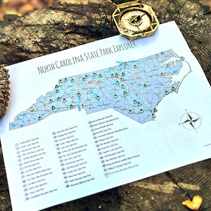 Mapa de parques estatales de Carolina del Norte, lista de parques estatales de Carolina del Norte, regalo para senderismo, mapa de aventuras, regalo para campistas