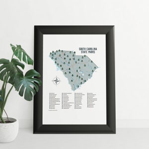 Mapa de parques estatales de Carolina del Sur, lista de parques estatales de Carolina del Sur, regalo para senderismo, mapa de aventuras, lista de aventuras, regalo para campistas
