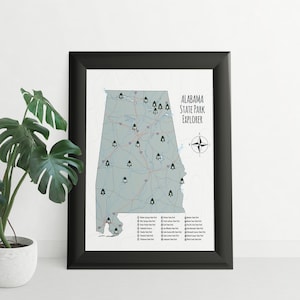 Cadeau imprimable carte des parcs d'État de l'Alabama, traqueur de randonnée pour les randonneurs, les campeurs et le défi de la randonnée, liste de contrôle d'aventure en téléchargement numérique