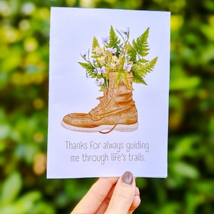 Wanderschuh Dankeschön Karte zum ausdrucken, Natur inspiriertes Geschenk zum Muttertag, Wildblumen Camping Notiz für Mama oder Lehrer Wertschätzung