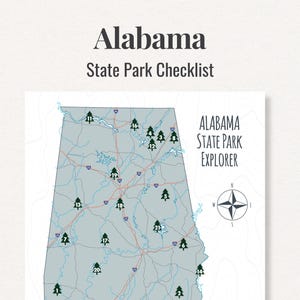 Carte imprimable des parcs d'État de l'Alabama, guide de randonnée pour les randonneurs, campeurs et adeptes de défis de randonnée, liste de contrôle pour l'aventure (téléchargement numérique)