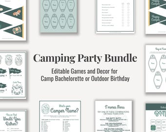 Camping Party Bundle | Editable Games and Decor for Camp Bachelorette or Outdoor Birthday | Mountain Cabin Adventure Banner | Camper Name