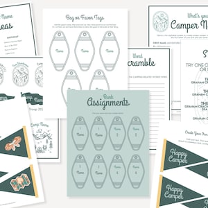 Puede incluir: Una colección de decoraciones y actividades imprimibles para fiestas temáticas de campamento. Incluye ideas para nombres de eventos, etiquetas para bolsas, asignaciones de literas, un juego de palabras y un menú de s'mores. Los diseños presentan una combinación de colores verde azulado, blanco y naranja.