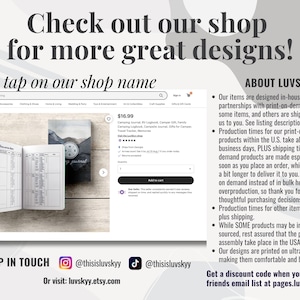 May include: A digital screenshot of an Etsy product page for a camping journal. The page displays a product image of an open logbook with a mountain graphic cover, alongside text details, a price of $16.99, and shop information for Luvskyy.