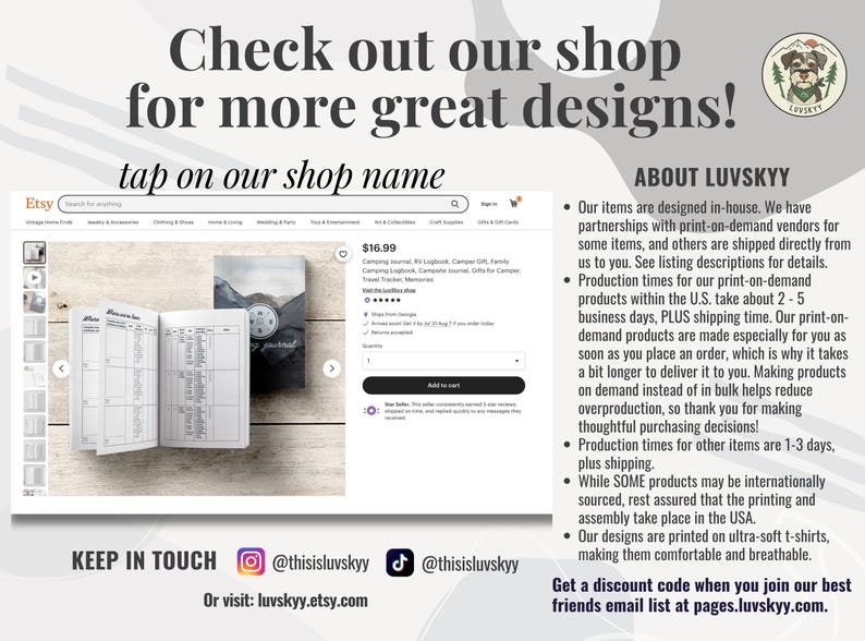 May include: A digital screenshot of an Etsy product page for a camping journal. The page displays a product image of an open logbook with a mountain graphic cover, alongside text details, a price of $16.99, and shop information for Luvskyy.