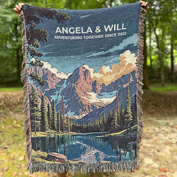 Personalized Mountain Blanket, National Parks Anniversary Throw, Vintage WPA Poster, Hiking Gift for Nature Lover, Cotton Woven Blanket