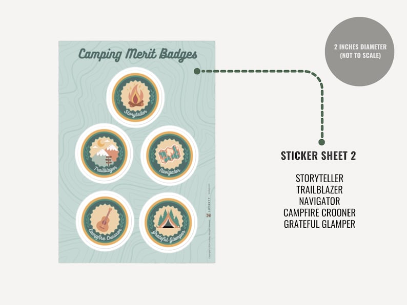 May include: A sticker sheet titled Camping Merit Badges featuring five circular stickers, each 2 inches in diameter. The designs include a campfire, mountains, a map, a guitar, and a tent, with text labels: Storyteller, Trailblazer, Navigator, Campfire Crooner, and Grateful Glamper.