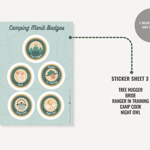May include: A sticker sheet titled Camping Merit Badges featuring five circular stickers with 2 inches diameter. The designs include Tree Hugger, Bride, Ranger in Training, Camp Cook, and Night Owl. The sheet has a light blue background with topographic lines.
