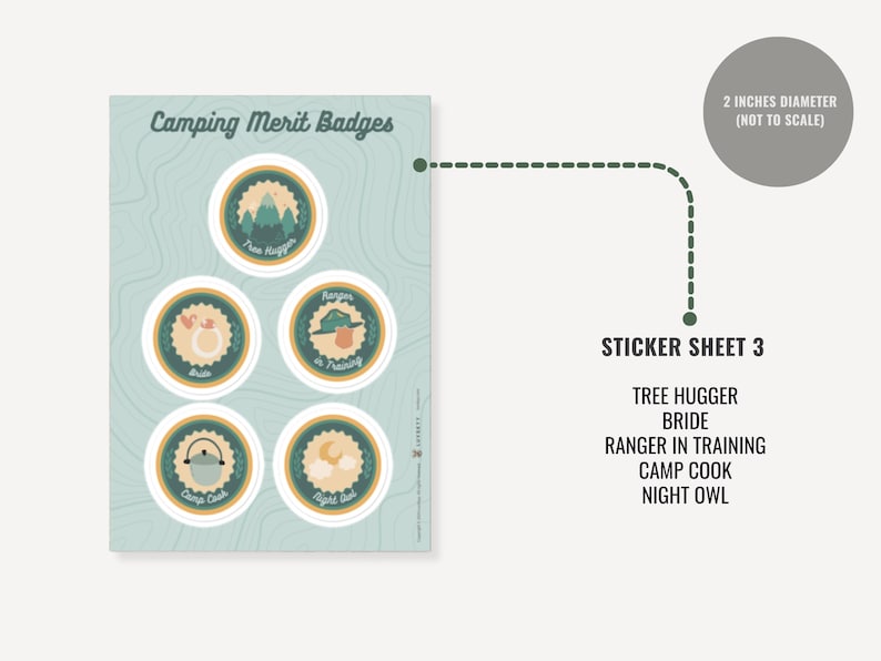 May include: A sticker sheet titled Camping Merit Badges featuring five circular stickers with 2 inches diameter. The designs include Tree Hugger, Bride, Ranger in Training, Camp Cook, and Night Owl. The sheet has a light blue background with topographic lines.