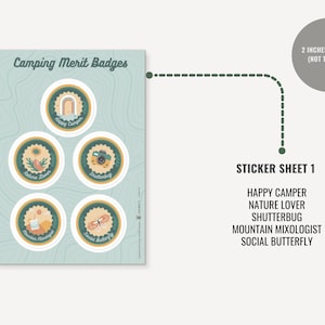 May include: A sticker sheet titled Camping Merit Badges featuring five circular stickers with a 2-inch diameter. The designs include Happy Camper, Nature Lover, Shutterbug, Mountain Mixologist, and Social Butterfly, each with a teal and orange color palette.
