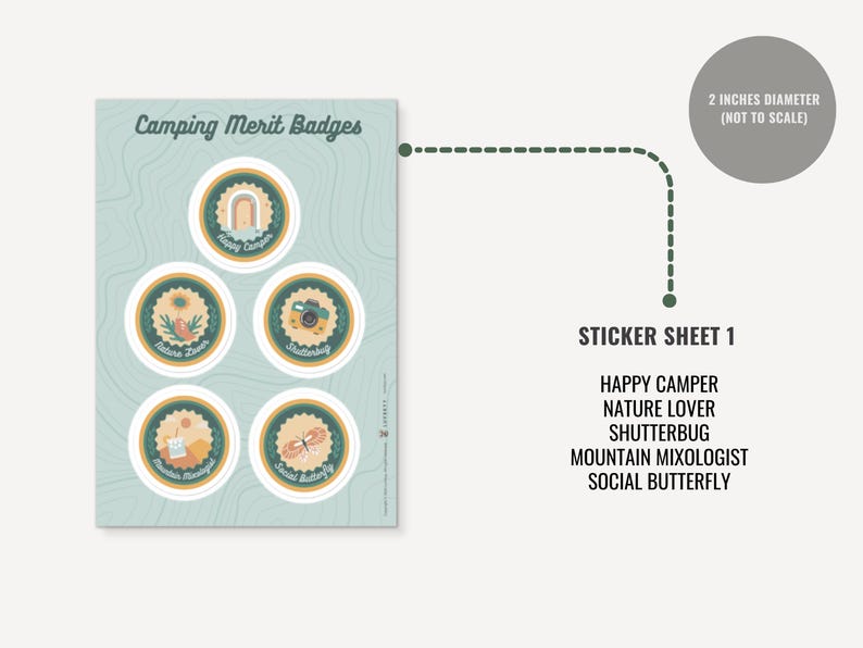 May include: A sticker sheet titled Camping Merit Badges featuring five circular stickers with a 2-inch diameter. The designs include Happy Camper, Nature Lover, Shutterbug, Mountain Mixologist, and Social Butterfly, each with a teal and orange color palette.
