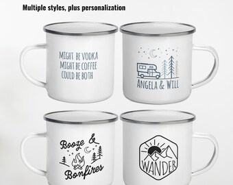 Tasse de camping personnalisée, tasse de camping en émail, tasse de camping-car, tasse de feu de camp, tasse de couples, cadeau personnalisé, équipement de camping, tasse de montagne, cadeau de camping-car