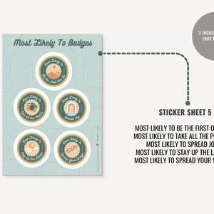 May include: A sticker sheet titled Most Likely To Badges featuring five circular stickers with a 2-inch diameter. The stickers display phrases including Most Likely To Be The First One Up, Take All The Photos, Spread Joy, Stay Up The Latest, and Spread Your Wings.
