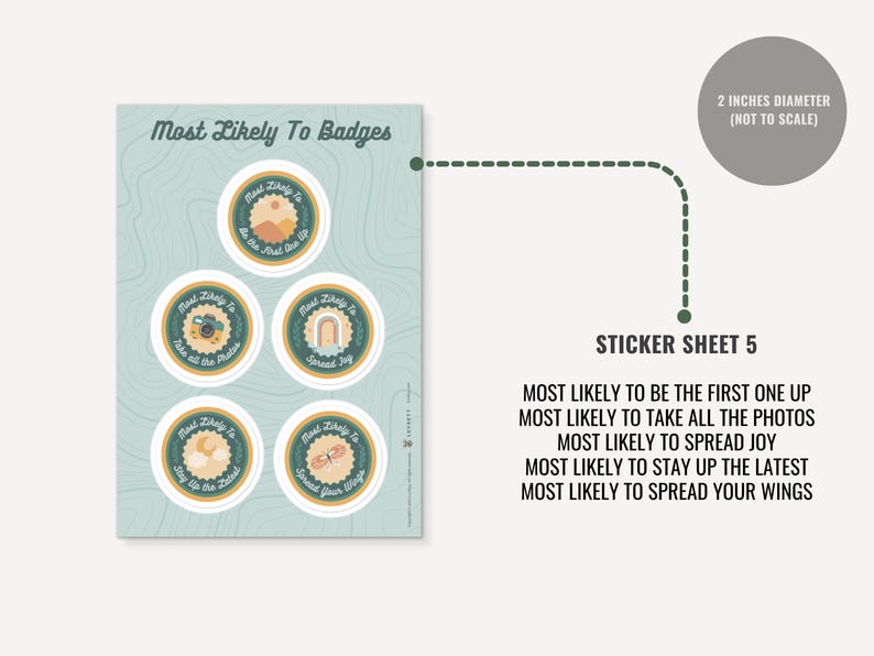 May include: A sticker sheet titled Most Likely To Badges featuring five circular stickers with a 2-inch diameter. The stickers display phrases including Most Likely To Be The First One Up, Take All The Photos, Spread Joy, Stay Up The Latest, and Spread Your Wings.