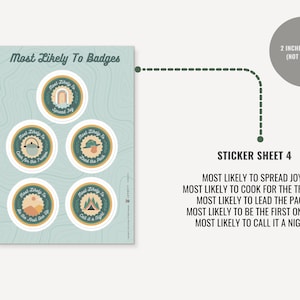 May include: A sticker sheet featuring five circular stickers with a 2-inch diameter, each displaying a unique graphic and text. The designs include phrases like Most Likely To Spread Joy, Cook for the Troops, Lead the Pack, and Call it a Night.