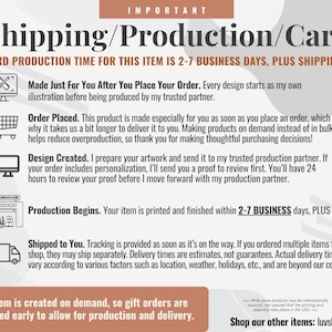 May include: An informational graphic titled IMPORTANT Shipping/Production/Care with icons for design, shopping cart, computer, warehouse, and delivery truck. It outlines the process from order placement to production and shipping, including a shop logo.