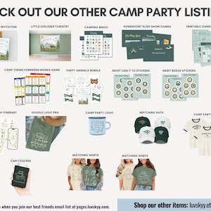 May include: A collection of camp-themed party supplies including invitations, a tapestry, bingo cards, PowerPoint games, printable decor, stickers, hats, t-shirts, a mug, and can coolers. The text reads CHECK OUT OUR OTHER CAMP PARTY LISTINGS.