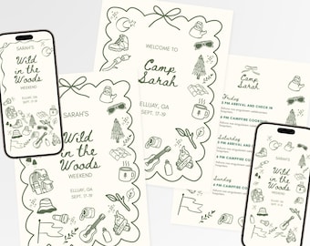 Camp Bachelorette Invitation and Itinerary, Custom Outdoor Bride Cabin Party Weekend, Camping Bach Bridal Shower, Kids Forest Woods Birthday