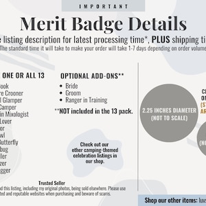 May include: An informational graphic titled Merit Badge Details listing thirteen options including Camp Cook, Campfire Crooner, and Grateful Glamper. It displays two circular icons representing button sizes of 2.25 inches and 1 inch in diameter.