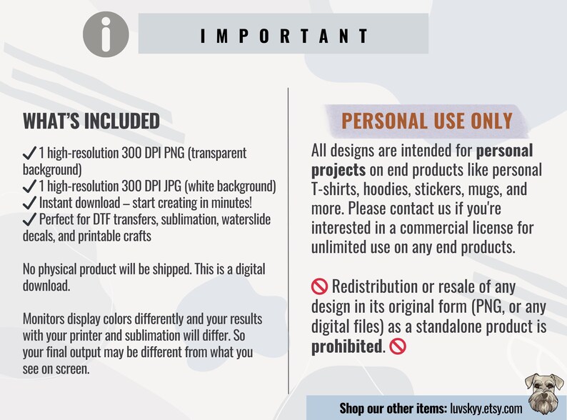 May include: A digital download graphic design product listing with a white background and blue text. The listing includes information about the product, such as the resolution, file type, and uses. The listing also includes information about the terms of use, such as personal use only and no redistribution.