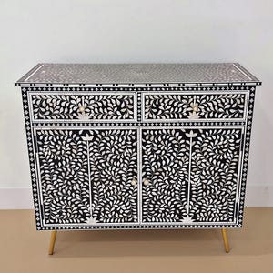 Black console table - Floral entry home , inlay bone console
