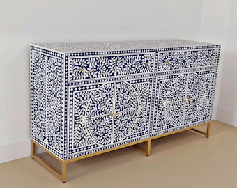 Floral Bone Inlay Sideboard - Moroccan Wood Cabinet - Boho Storage Furniture