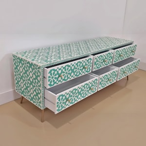Marokkaanse Bone-Inlay Consoletafel – Turquoise Geometrische Tafel voor de Hal