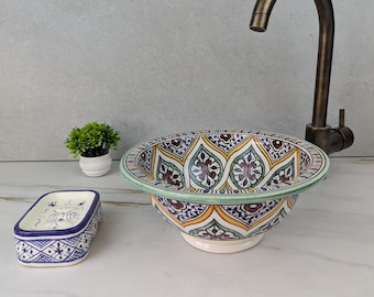 Unique Moroccan Ceramic Sink: Hand-Painted Pottery Vessel Basin – Handmade Bathroom Bowl – Custom Vanity Fixture