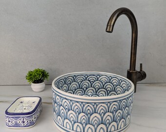 Moroccan Bathroom Sink: Hand-Painted Ceramic Vessel Basin – Handmade Earthenware Pottery Bowl – Custom Vanity Design
